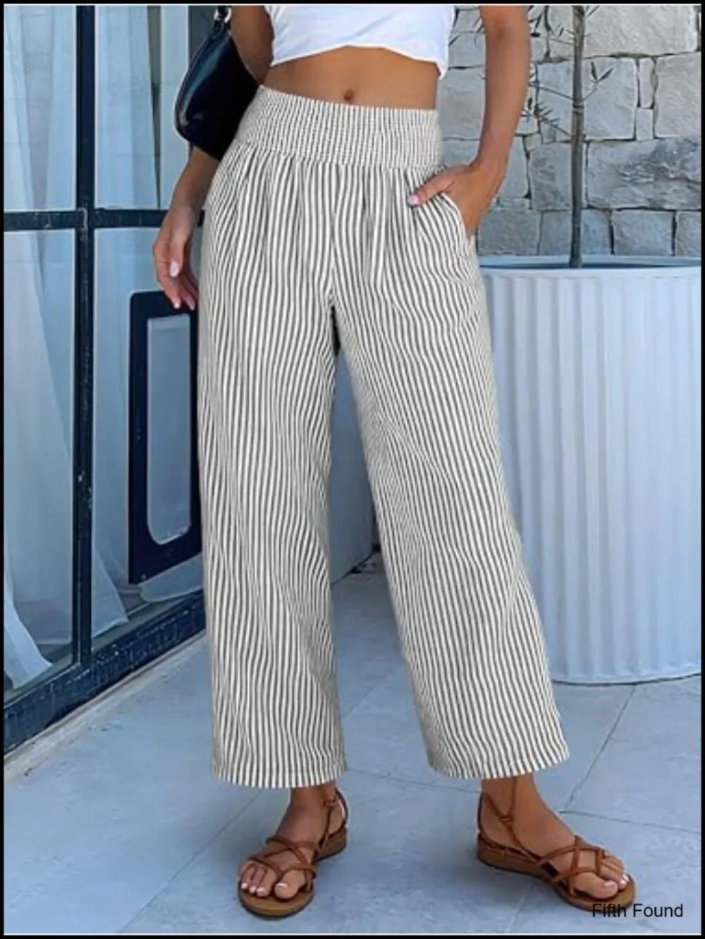 Wide Leg Smocked High Waisted Cropped Pajama Bottoms with Pockets Loose Fit